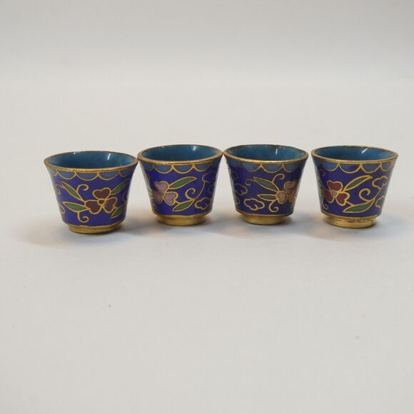 Miniature Cloisonne Brass Enamel Floral Teaset Teapot Tea Cups Vintage - Picture 5 of 13